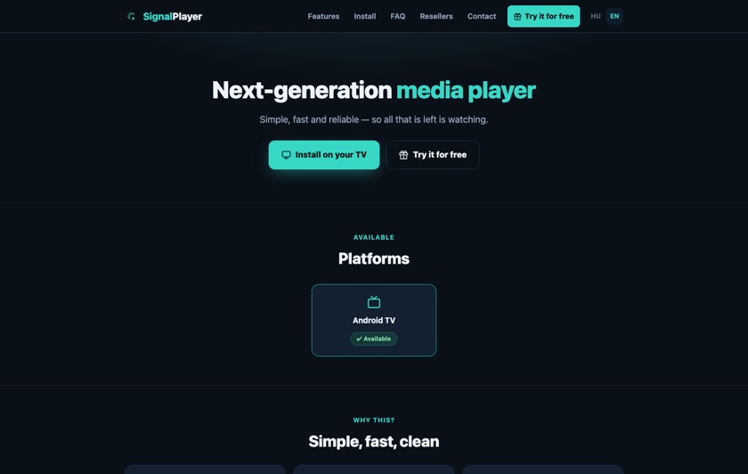 SignalPlayer — prehrávač médií pre Android TV, úvodná stránka signalplayer.app